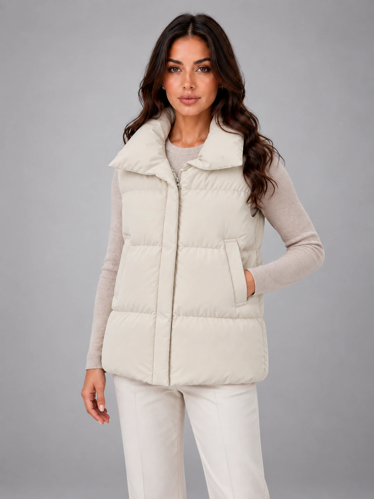 Women's Stand Collar Down Gilet – Relaxed in Ivory — alternate view
