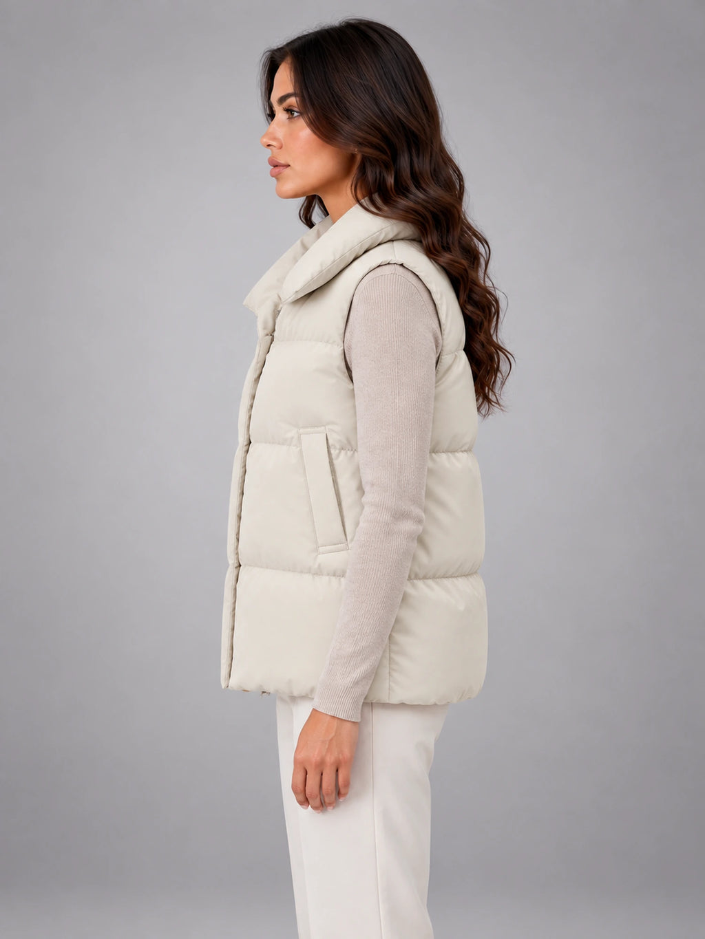 Women's Stand Collar Down Gilet – Relaxed in Ivory — side view