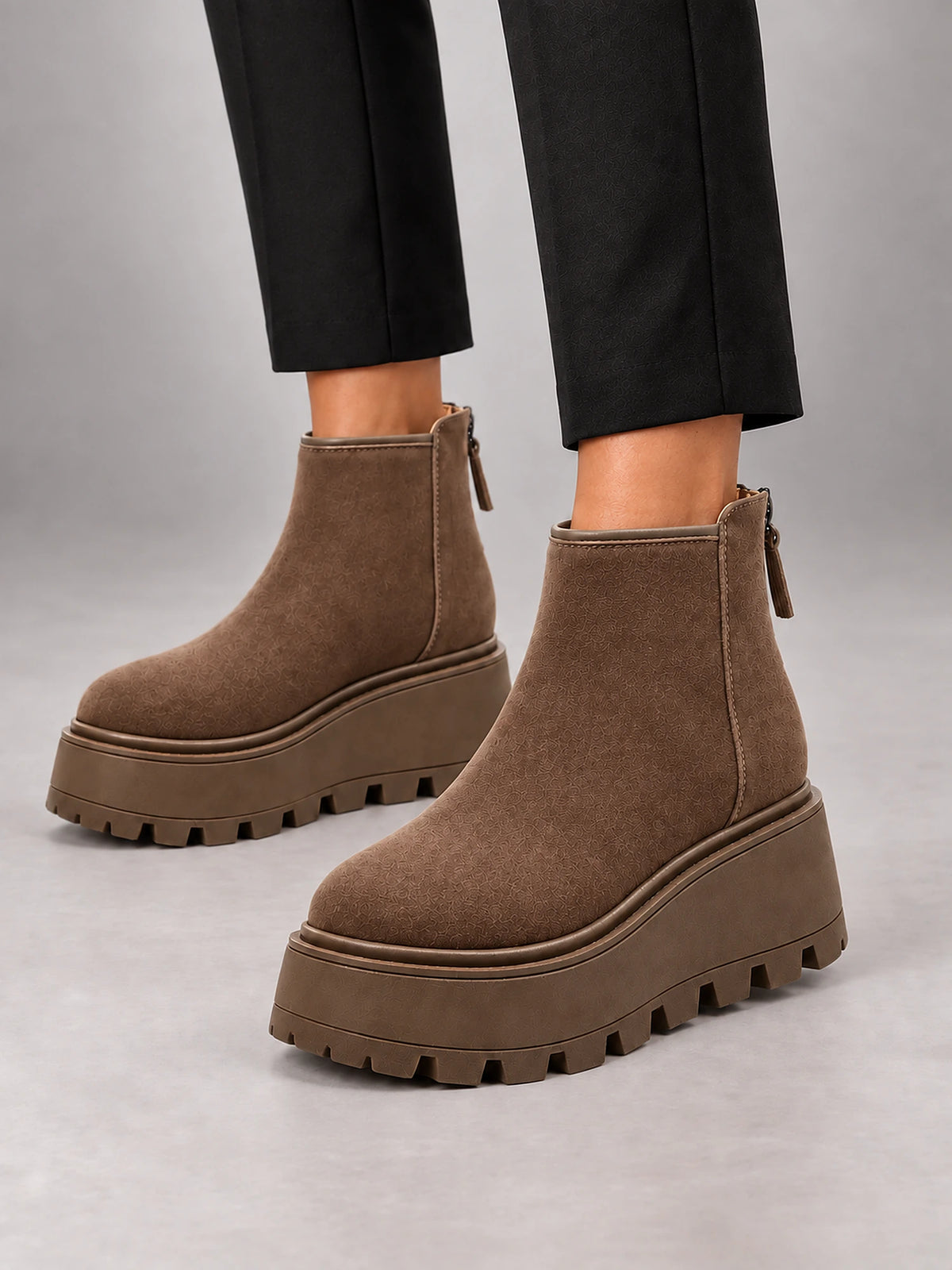 Women's Suede Platform Ankle Boots – Chunky Wedge Sole in Beige (Classic) — front view