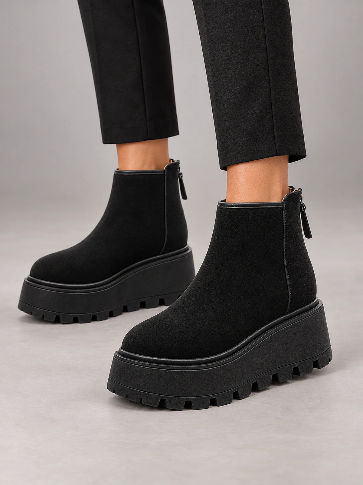 Women's Suede Platform Ankle Boots – Chunky Wedge Sole in Black (Classic) — front view