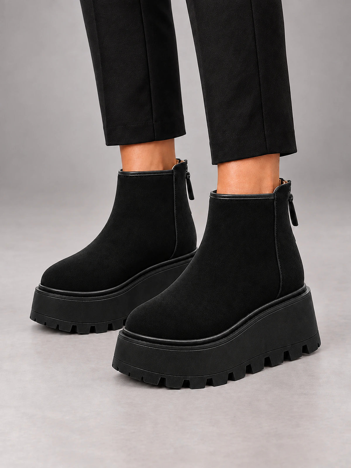 Women's Suede Platform Ankle Boots – Chunky Wedge Sole in Black (Plush Lined) — front view