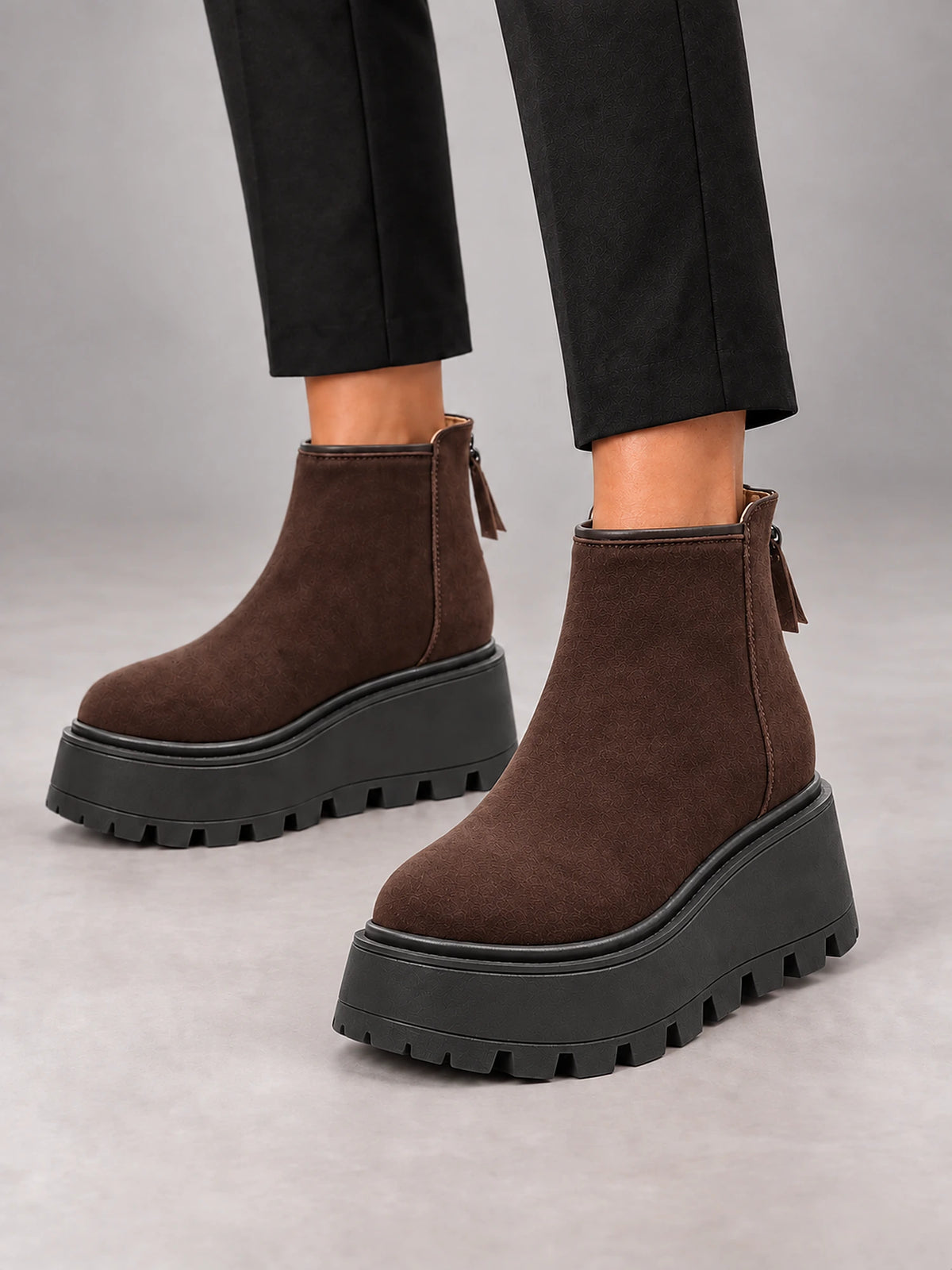 Women's Suede Platform Ankle Boots – Chunky Wedge Sole in Coffee (Classic) — front view