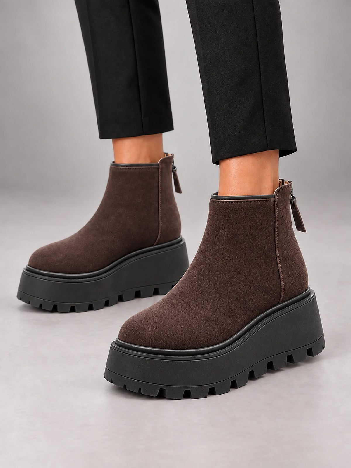 Women's Suede Platform Ankle Boots – Chunky Wedge Sole in Coffee (Plush Lined) — front view