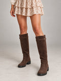 Women's Suede Riding Boots – Buckle Strap Lug Sole in Coffee Brown — on model
