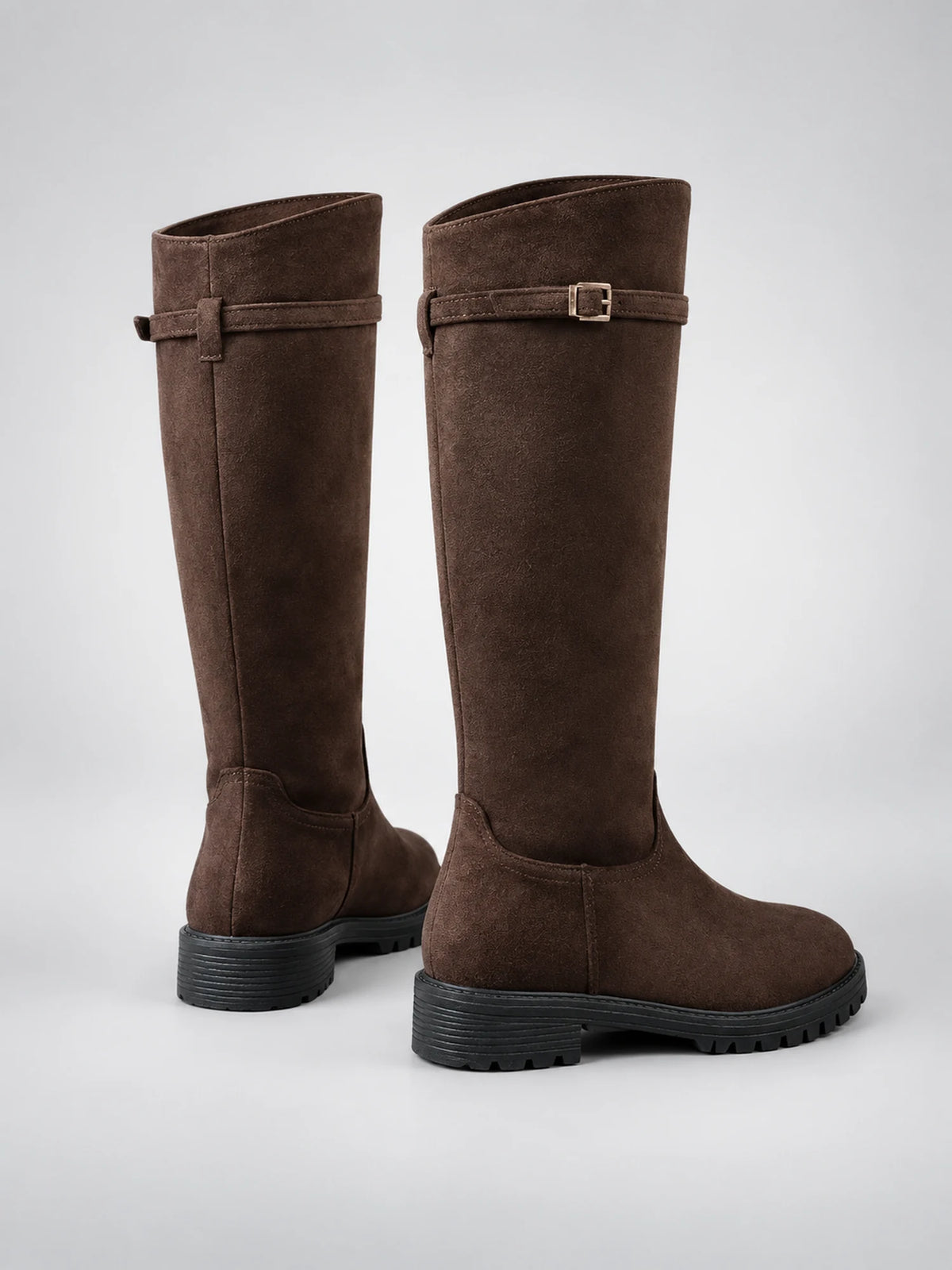 Women's Suede Riding Boots – Buckle Strap Lug Sole in Coffee Brown — back view