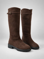 Women's Suede Riding Boots – Buckle Strap Lug Sole in Coffee Brown — side view