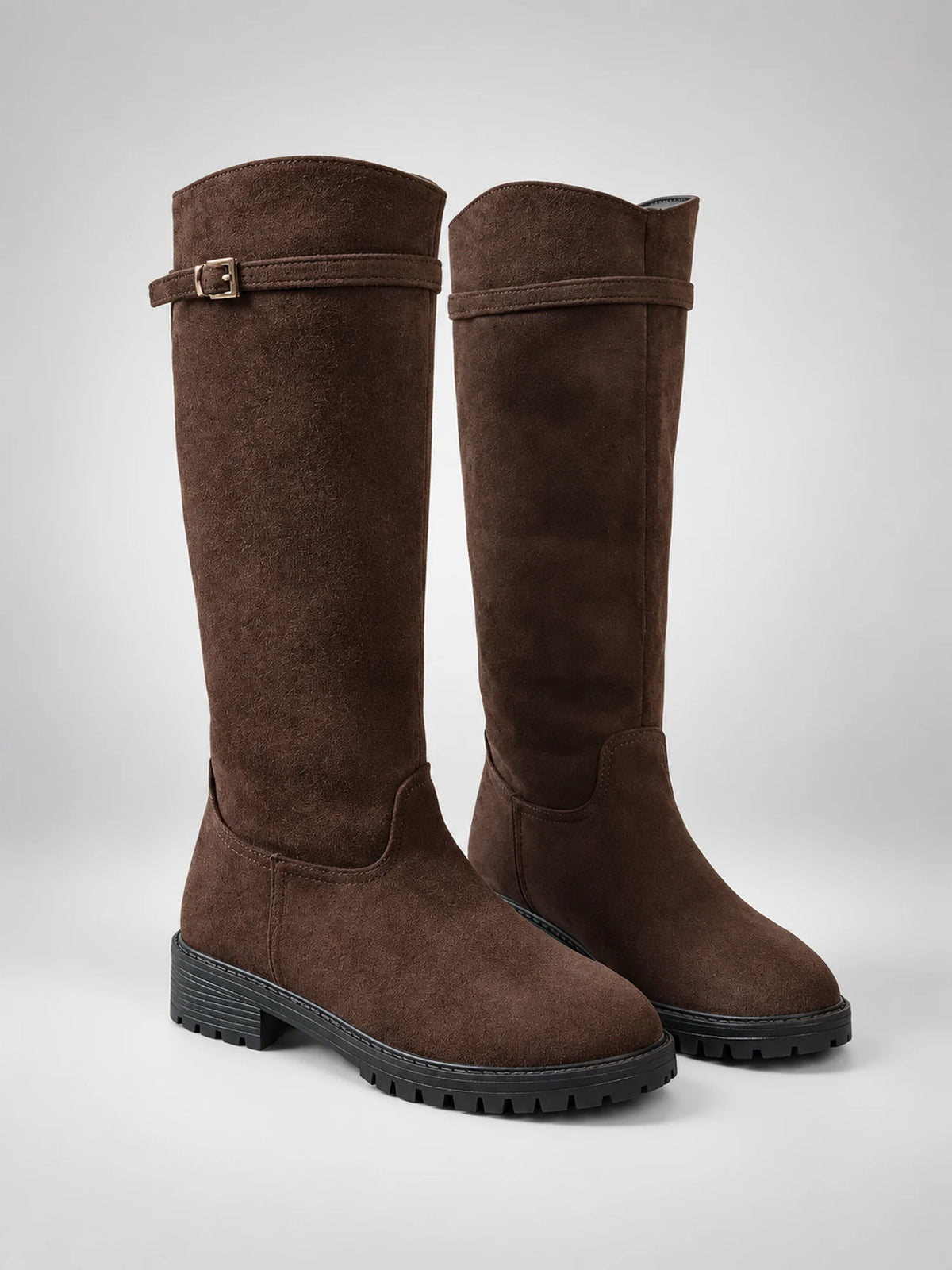 Women's Suede Riding Boots – Buckle Strap Lug Sole in Coffee Brown — side view