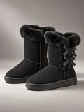 Women's Suede Snow Boots – Bow Detail Plush Lined in Black — front view