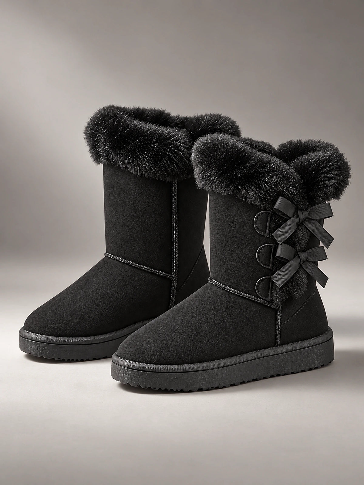 Women's Suede Snow Boots – Bow Detail Plush Lined in Black — front view