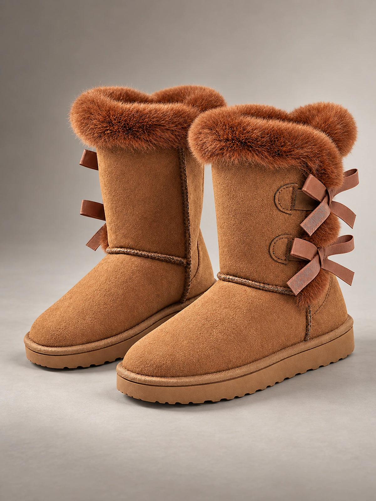 Women's Suede Snow Boots – Bow Detail Plush Lined in Rust — front view