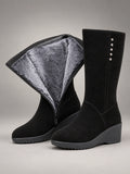 Women's Suede Wedge Snow Boots – Warm Lined Side Zip in Black (Fur-Style Lining) — front view