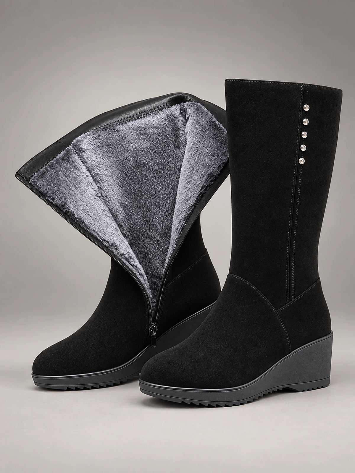 Women's Suede Wedge Snow Boots – Warm Lined Side Zip in Black (Fur-Style Lining) — front view