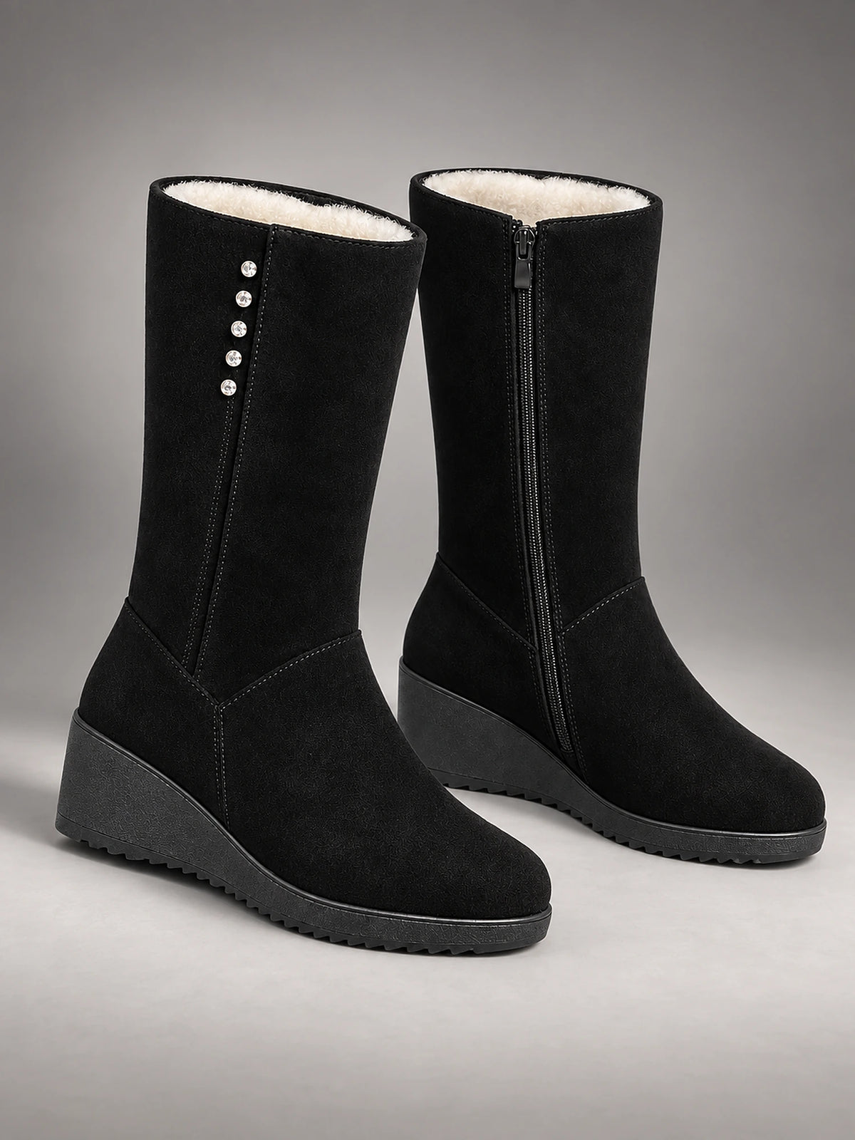 Women's Suede Wedge Snow Boots – Warm Lined Side Zip in Black (Wool Lining) — front view