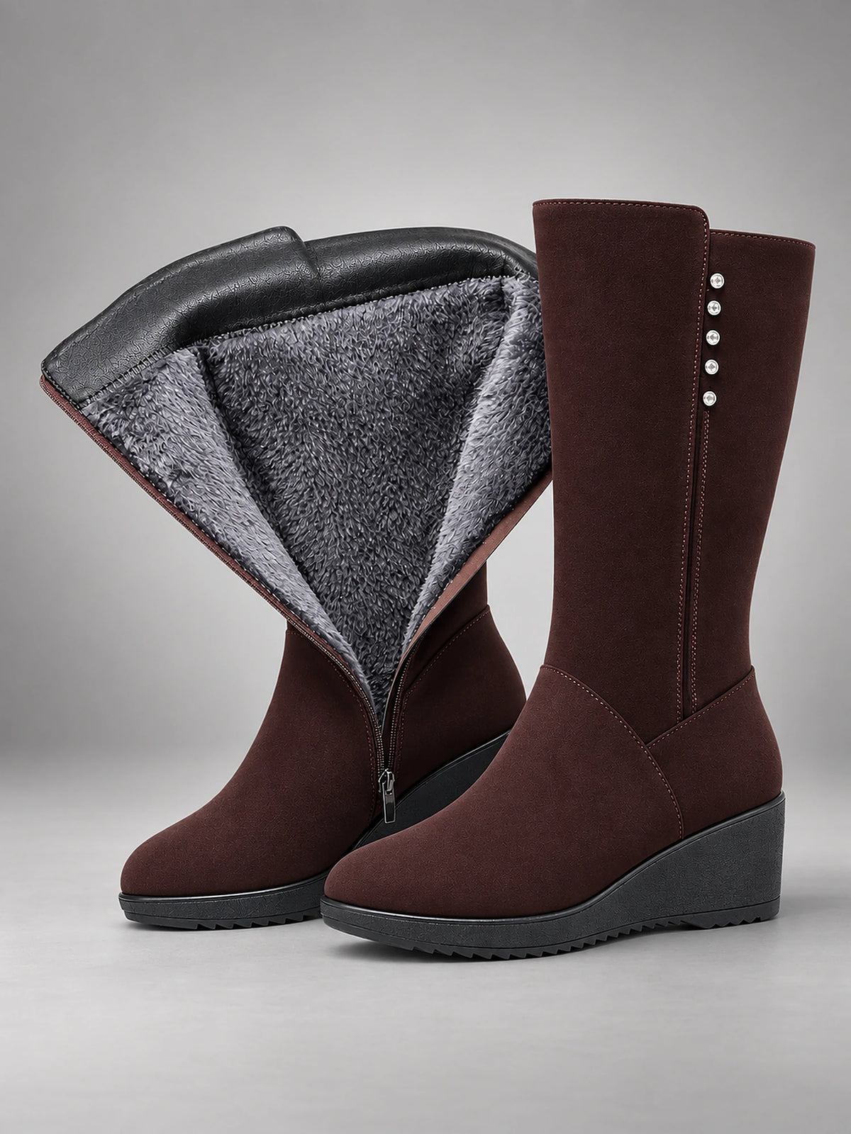 Women's Suede Wedge Snow Boots – Warm Lined Side Zip in Brown (Fur-Style Lining) — front view