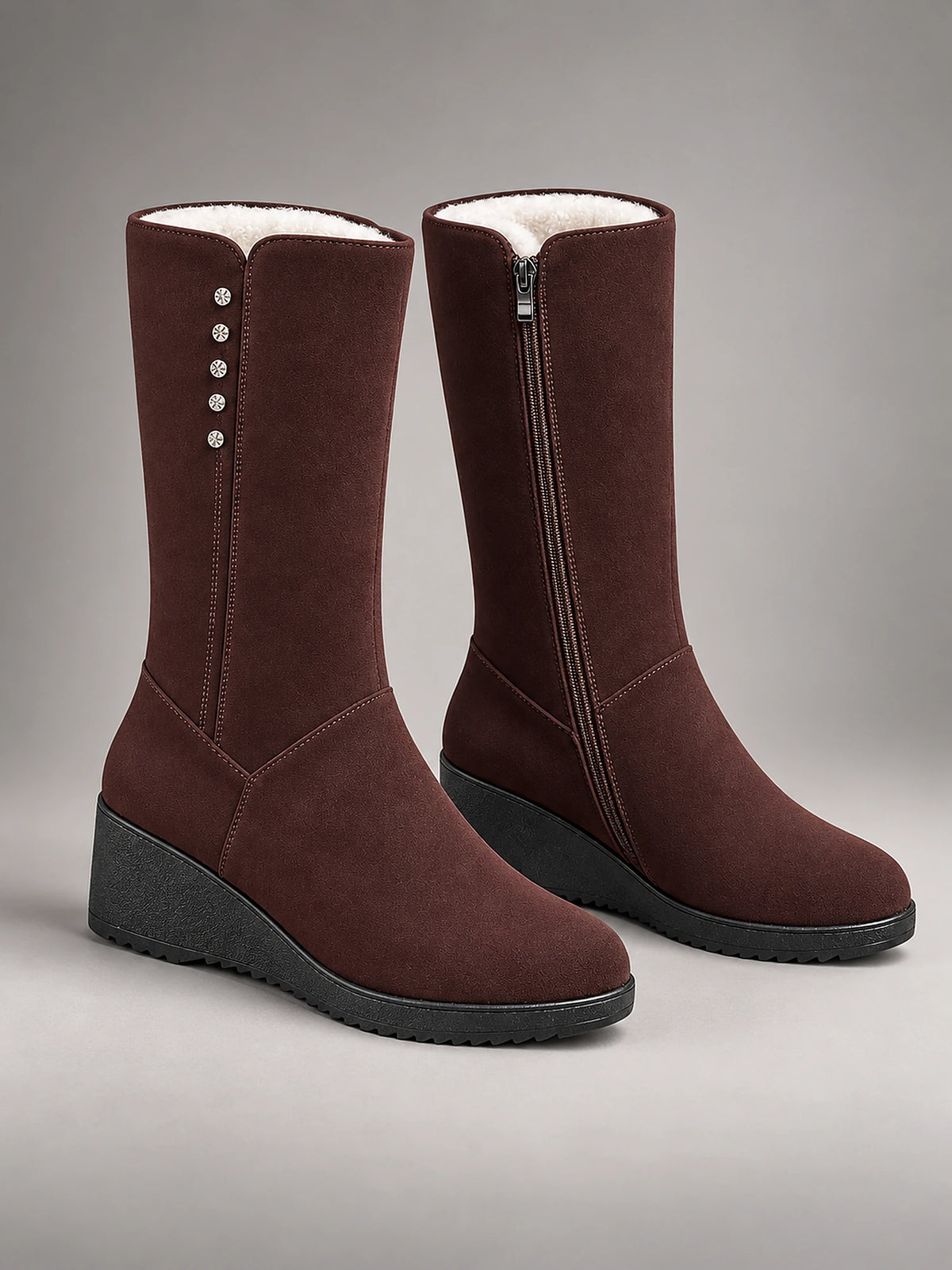 Women's Suede Wedge Snow Boots – Warm Lined Side Zip in Brown (Wool Lining) — front view