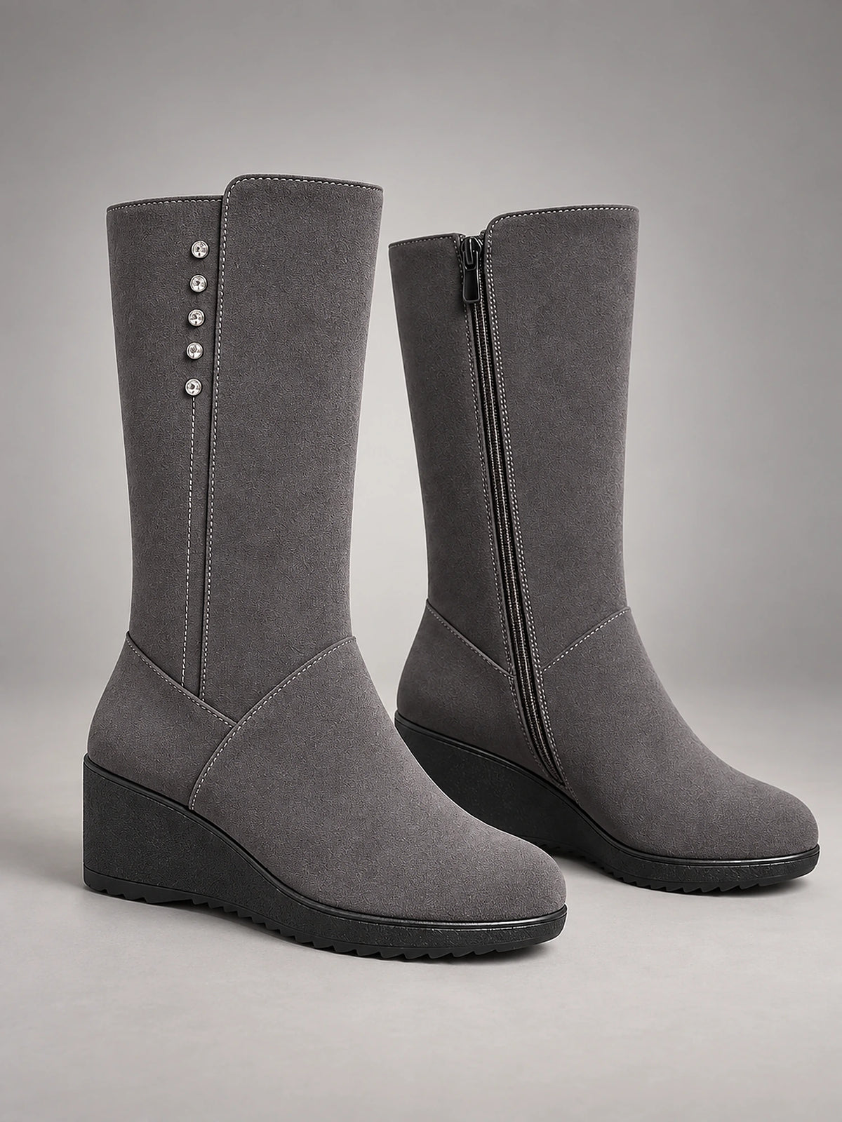 Women's Suede Wedge Snow Boots – Warm Lined Side Zip in Grey (Fur-Style Lining) — front view