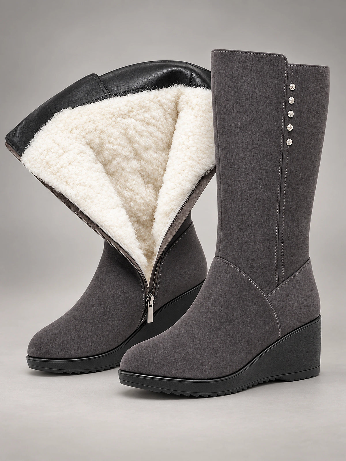 Women's Suede Wedge Snow Boots – Warm Lined Side Zip in Grey (Wool Lining) — front view