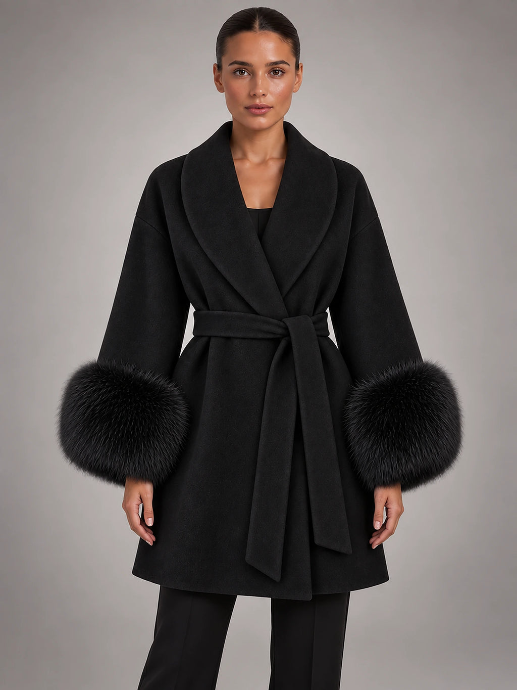 Women's Tie-Front Overcoat – V-Neck Lapel in Black — front view