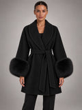 Women's Tie-Front Overcoat – V-Neck Lapel in Black — front view