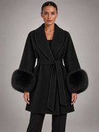 Women's Tie-Front Overcoat – V-Neck Lapel in Black — front view