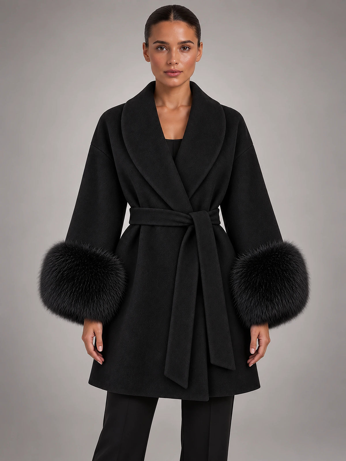 Women's Tie-Front Overcoat – V-Neck Lapel in Black — front view