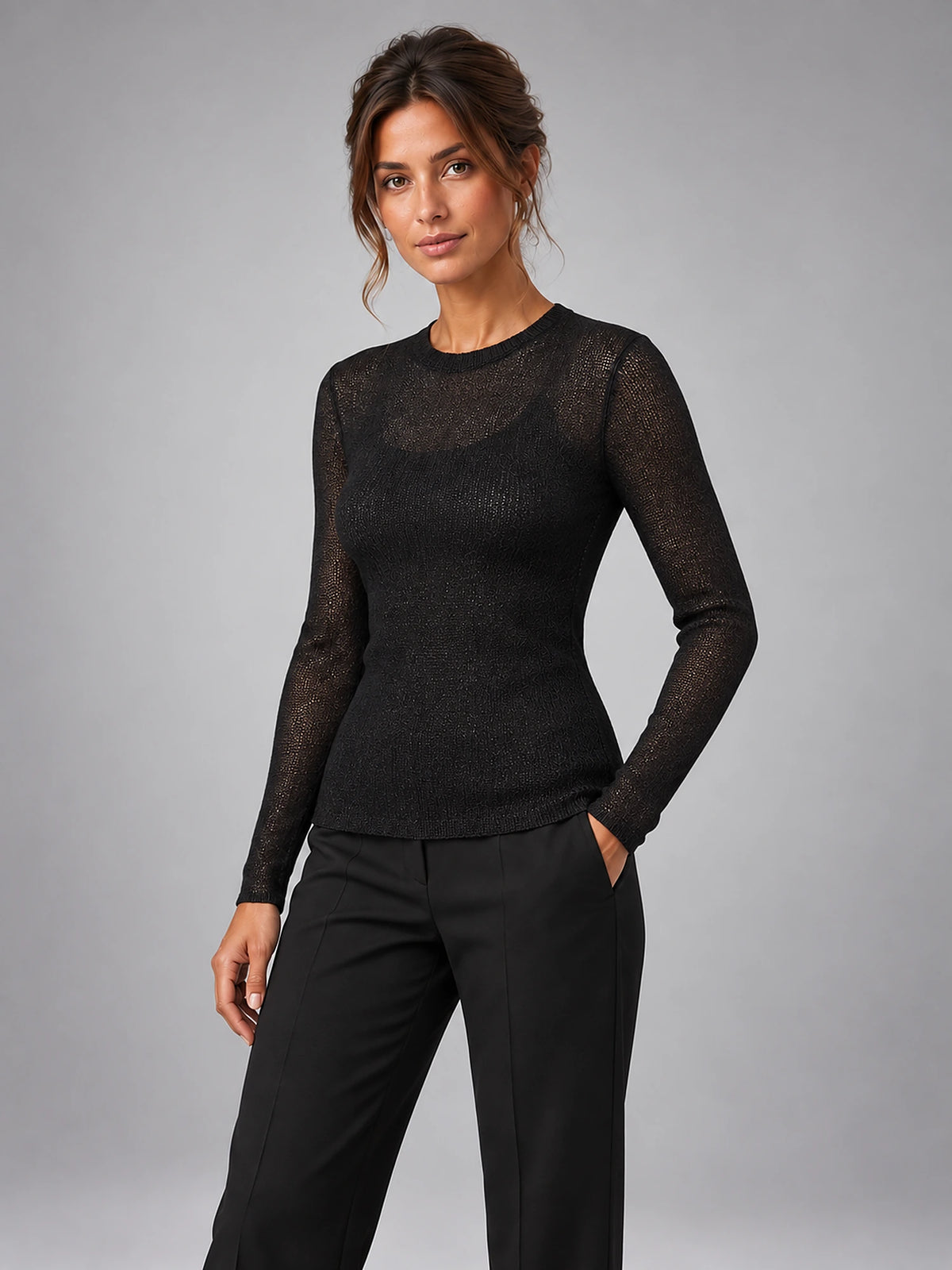 Women's Sheer Mesh Top – Long Sleeve Crew Neck in Black — alternate view