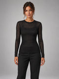 Women's Sheer Mesh Top – Long Sleeve Crew Neck in Black — front view