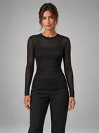 Women's Sheer Mesh Top – Long Sleeve Crew Neck in Black — front view