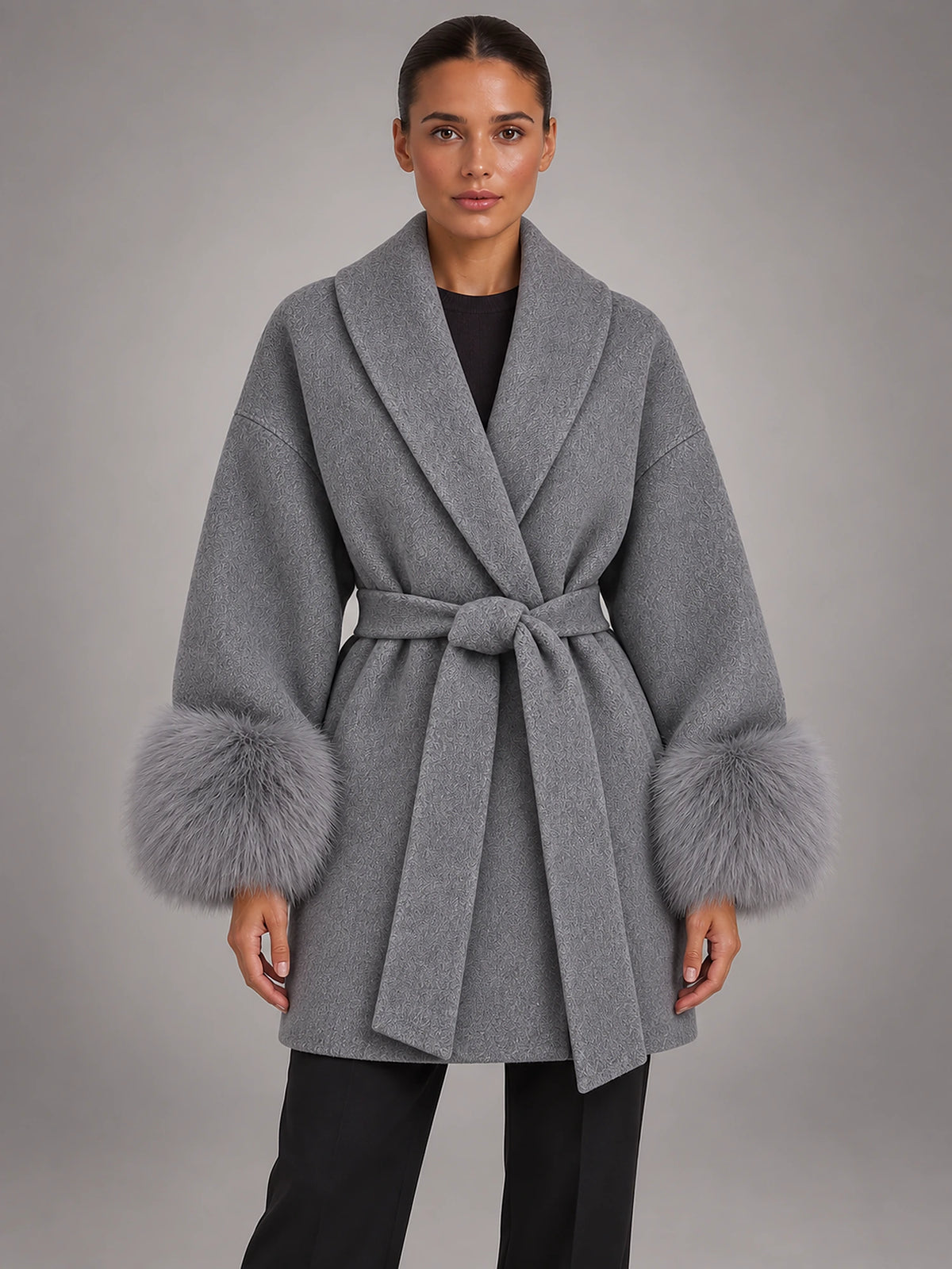 Women's Tie-Front Overcoat – V-Neck Lapel in Grey — front view