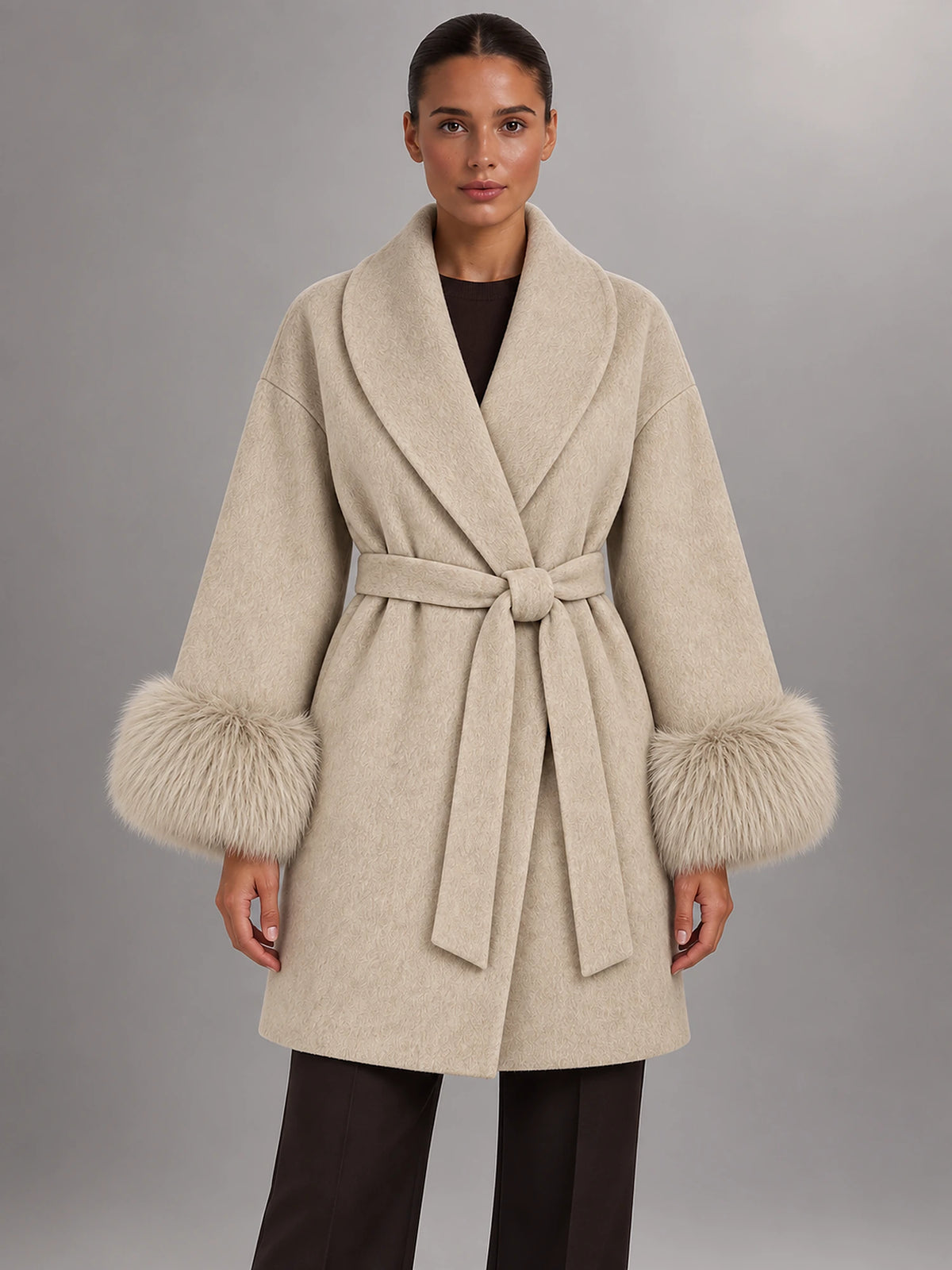 Women's Tie-Front Overcoat – V-Neck Lapel in Oatmeal — front view