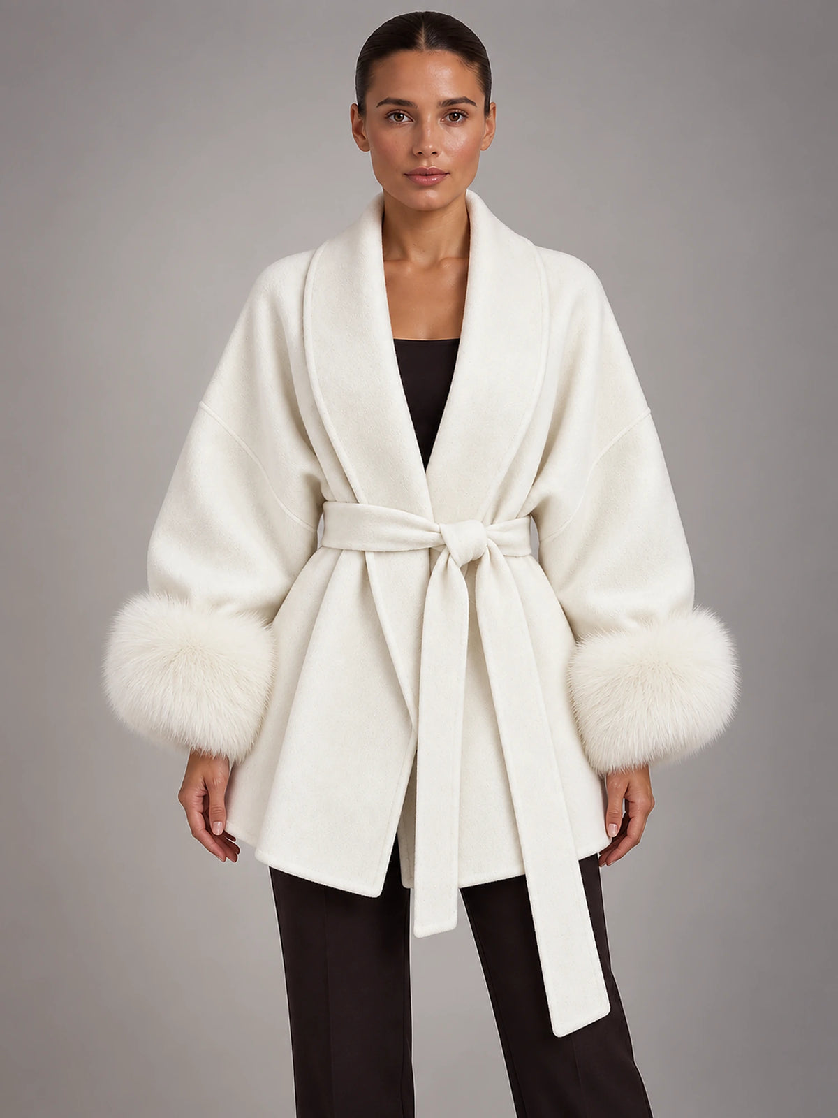 Women's Tie-Front Overcoat – V-Neck Lapel in White — front view