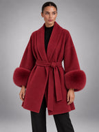 Women's Tie-Front Overcoat – V-Neck Lapel in Wine Red — alternate view