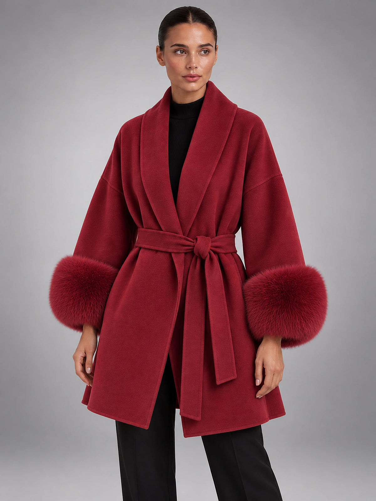 Women's Tie-Front Overcoat – V-Neck Lapel in Wine Red — alternate view