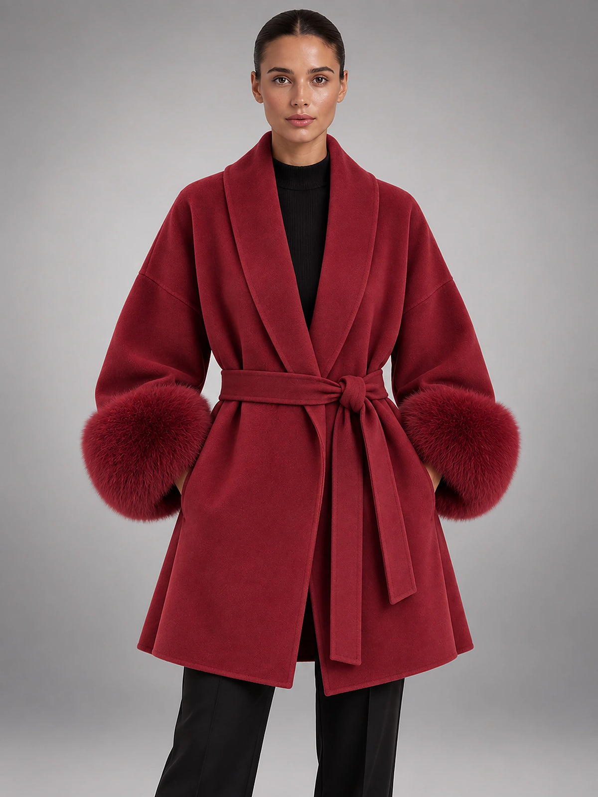 Women's Tie-Front Overcoat – V-Neck Lapel in Wine Red — front view
