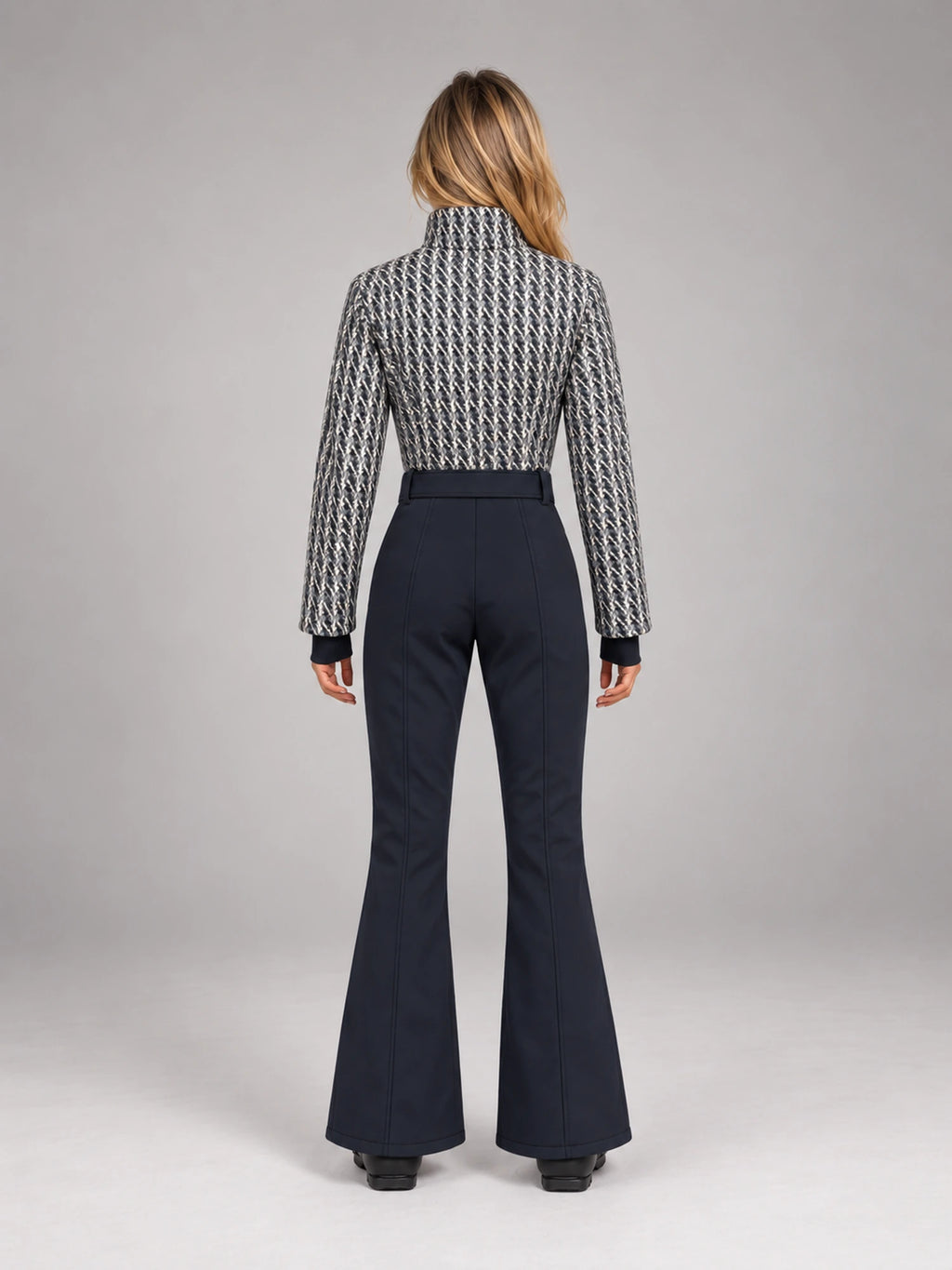 Women's Tweed Panel Ski Suit – Belted One-Piece in Black White Navy — back view