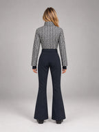 Women's Tweed Panel Ski Suit – Belted One-Piece in Black White Navy — back view