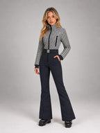 Women's Tweed Panel Ski Suit – Belted One-Piece in Black White Navy — alternate view
