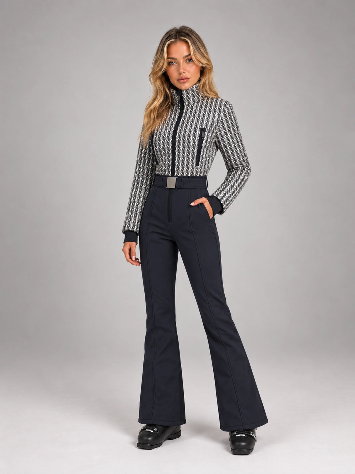 Women's Tweed Panel Ski Suit – Belted One-Piece in Black White Navy — alternate view