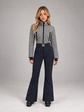 Women's Tweed Panel Ski Suit – Belted One-Piece in Black White Navy — front view