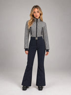 Women's Tweed Panel Ski Suit – Belted One-Piece in Black White Navy — front view