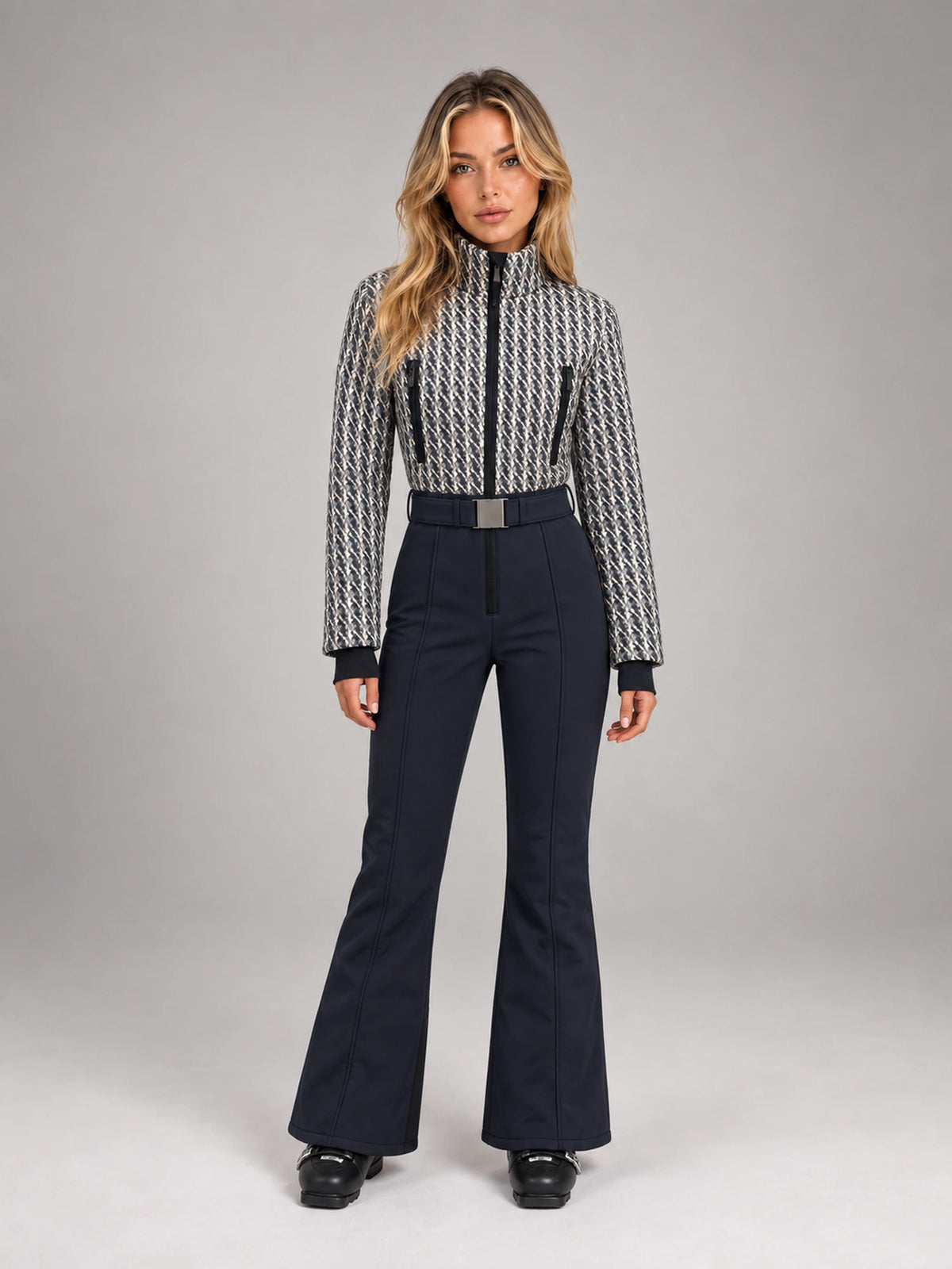 Women's Tweed Panel Ski Suit – Belted One-Piece in Black White Navy — front view