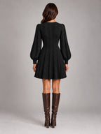 Women's Twist Front Knit Dress – V-Neck Lantern Sleeve in Black — back view
