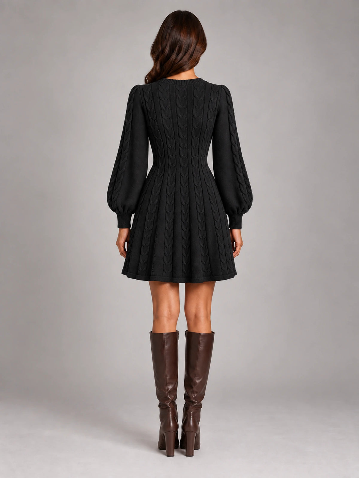 Women's Twist Front Knit Dress – V-Neck Lantern Sleeve in Black — back view