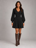 Women's Twist Front Knit Dress – V-Neck Lantern Sleeve in Black — front view