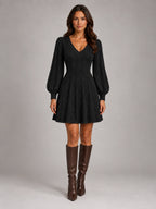 Women's Twist Front Knit Dress – V-Neck Lantern Sleeve in Black — front view