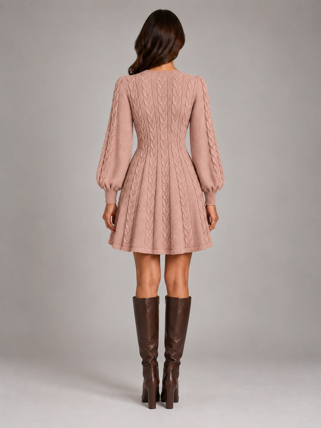 Women's Twist Front Knit Dress – V-Neck Lantern Sleeve in Dusty Rose — back view