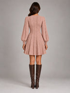Women's Twist Front Knit Dress – V-Neck Lantern Sleeve in Dusty Rose — back view
