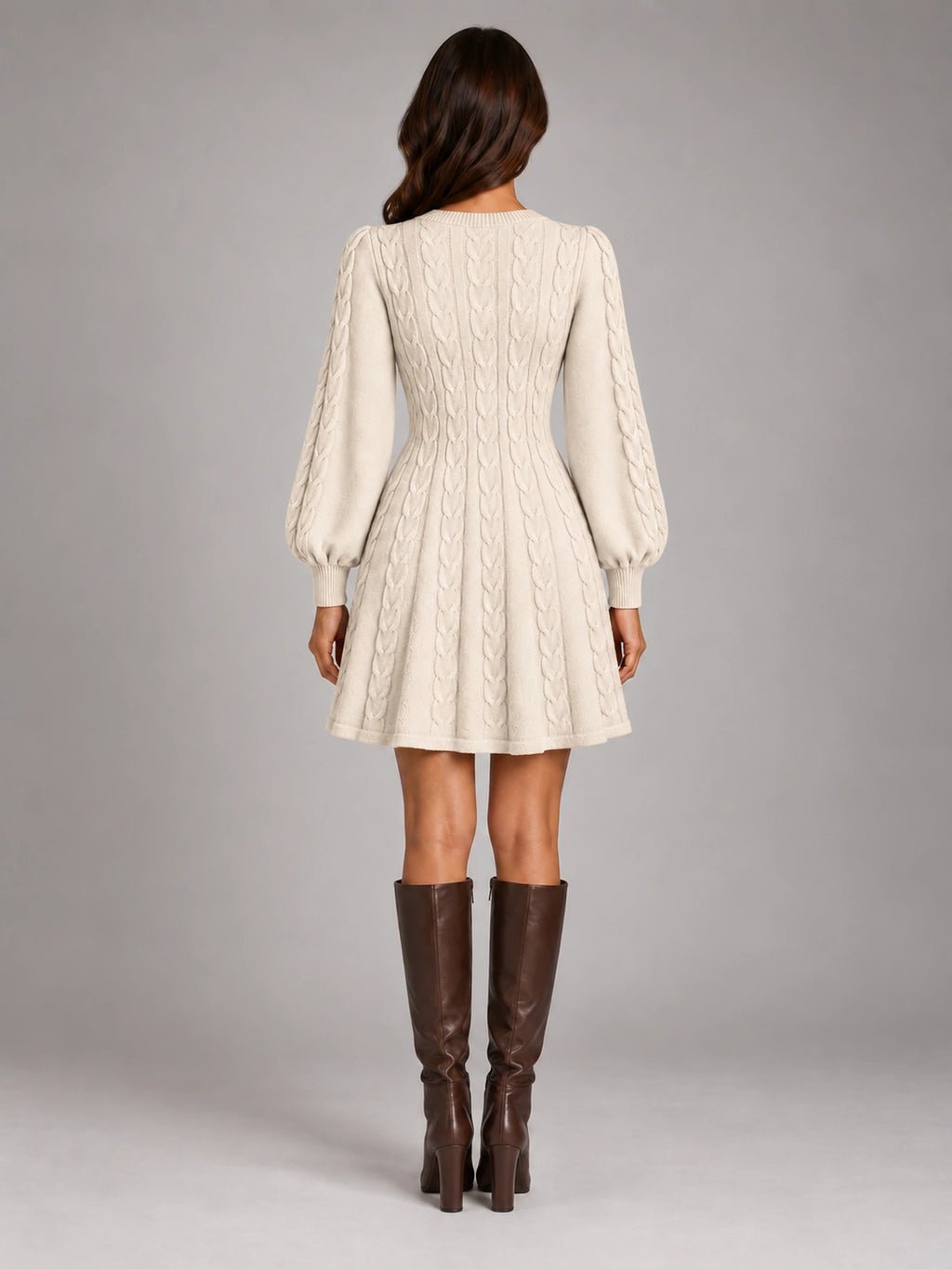 Women's Twist Front Knit Dress – V-Neck Lantern Sleeve in Ivory — back view