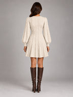Women's Twist Front Knit Dress – V-Neck Lantern Sleeve in Ivory — back view