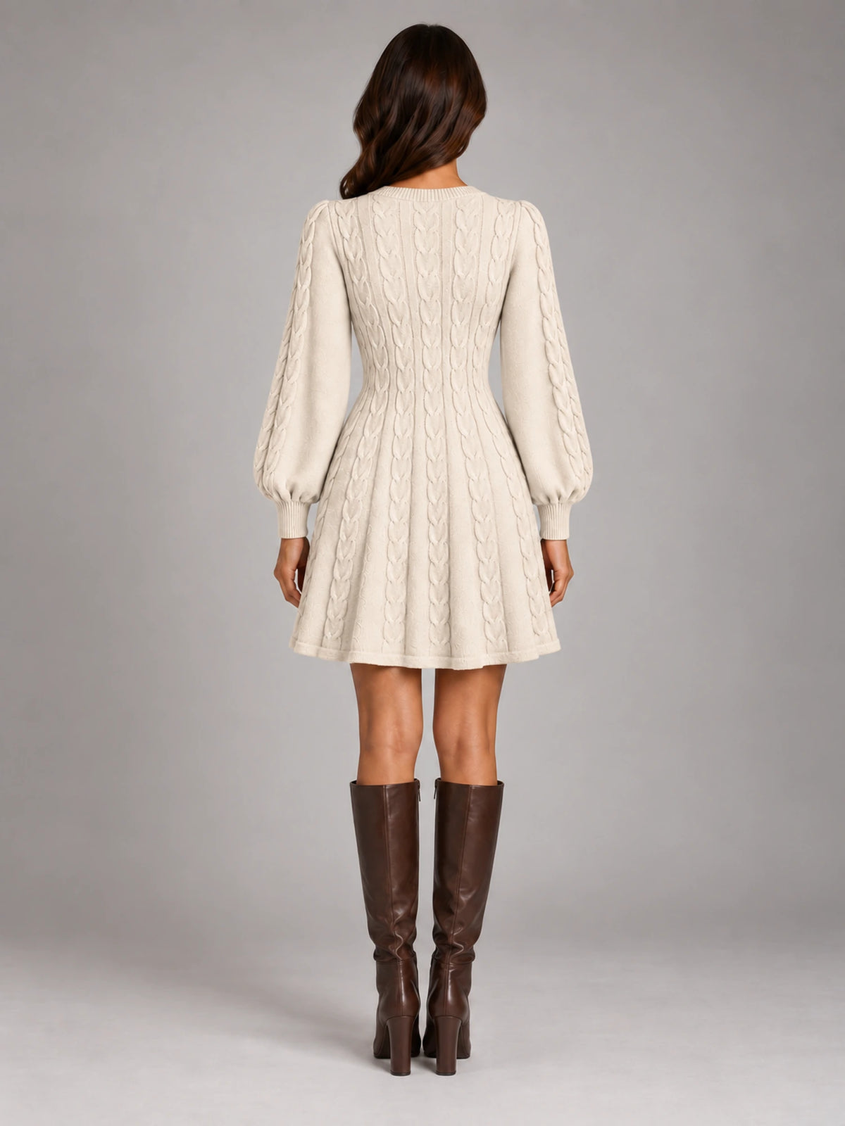 Women's Twist Front Knit Dress – V-Neck Lantern Sleeve in Ivory — back view